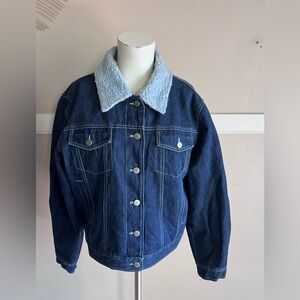 Outer Edge Dark Blue Denim Jacket with Light Blue Sherpa Collar